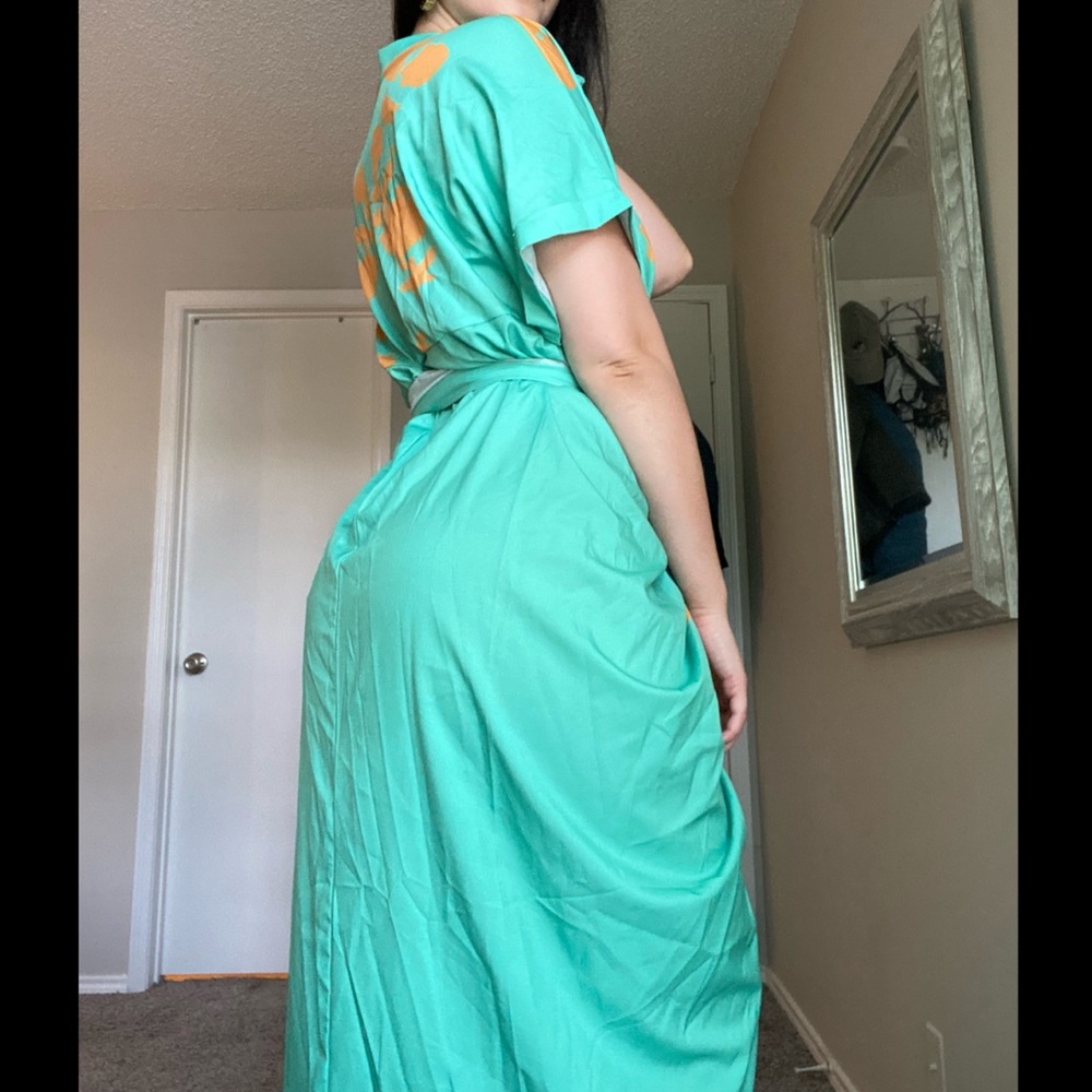 Mint contemporary maxi dress with orange accents. - Picture 15 of 16
